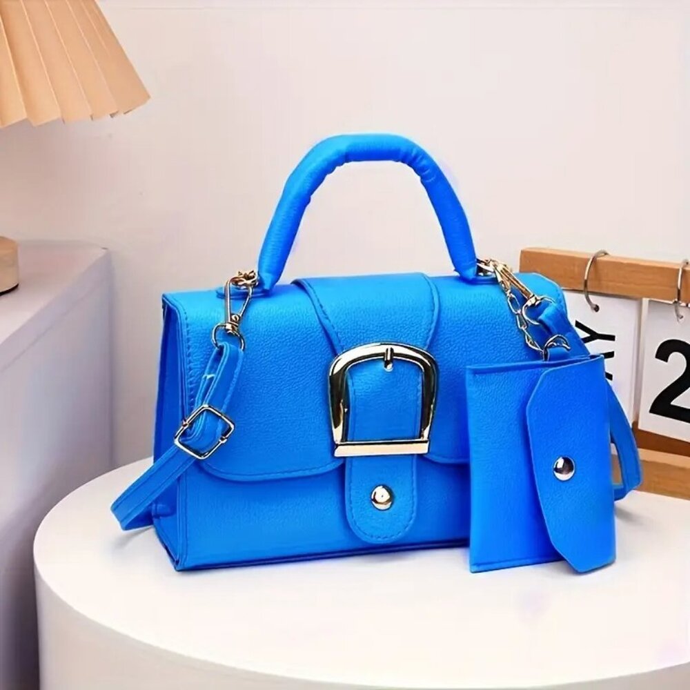 Blue Retro Style Buckle Small Handbag Purse w/Detachable Mini coin wallet